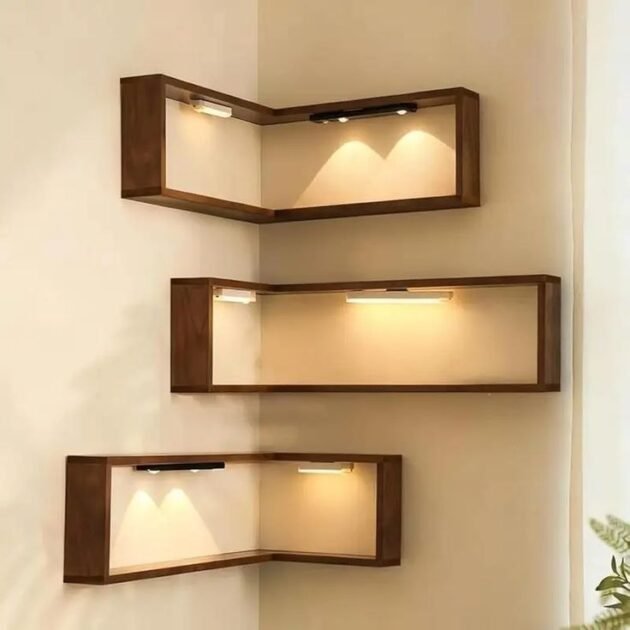 Wooden Corner Wall Shelf with Ambient Lighting